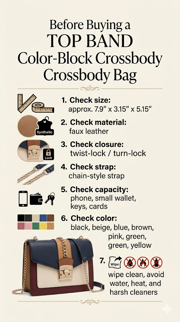 Before buying TOP BAND color-block crossbody bag checklist with size, material, closure, strap, color, capacity, and care tips