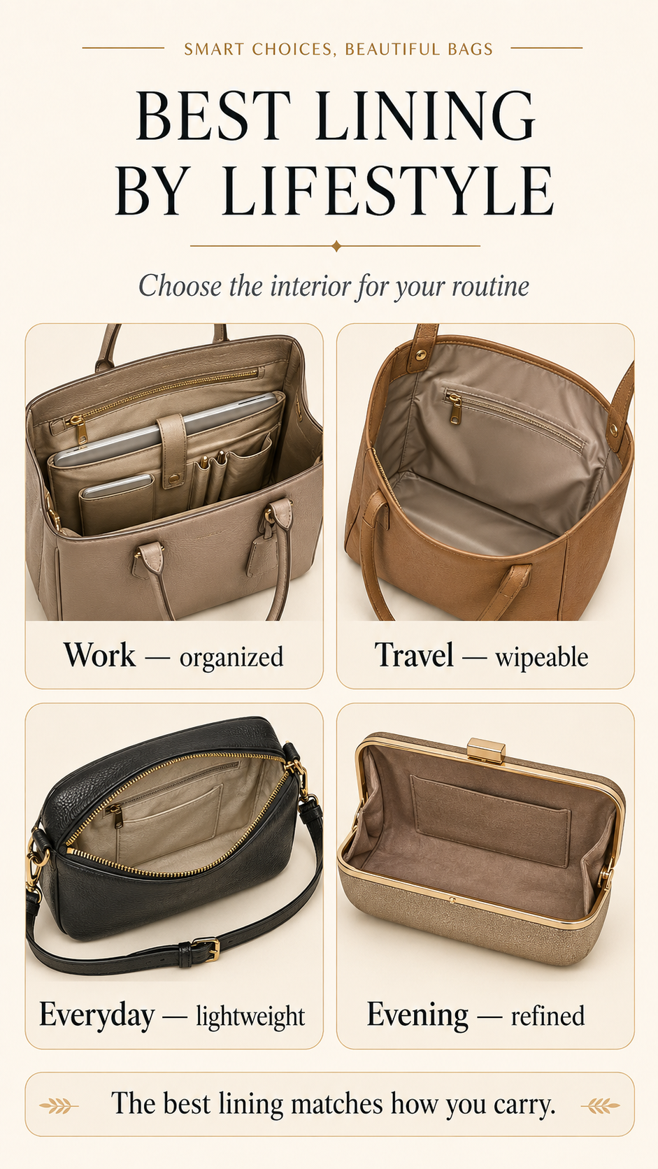Best Bag Lining by Lifestyle Best handbag lining by lifestyle guide for work, travel, everyday, and evening bags