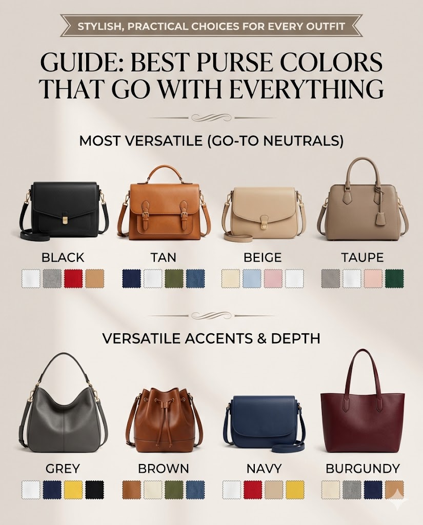 Best color purse that goes with everything style guide showing black tan beige taupe grey brown and burgundy purse colors