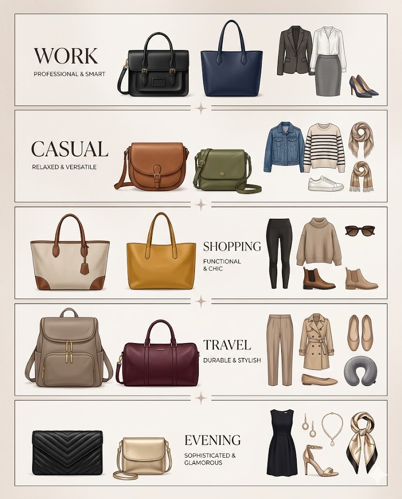 Best purse color by occasion guide for work casual travel shopping and evening outfits