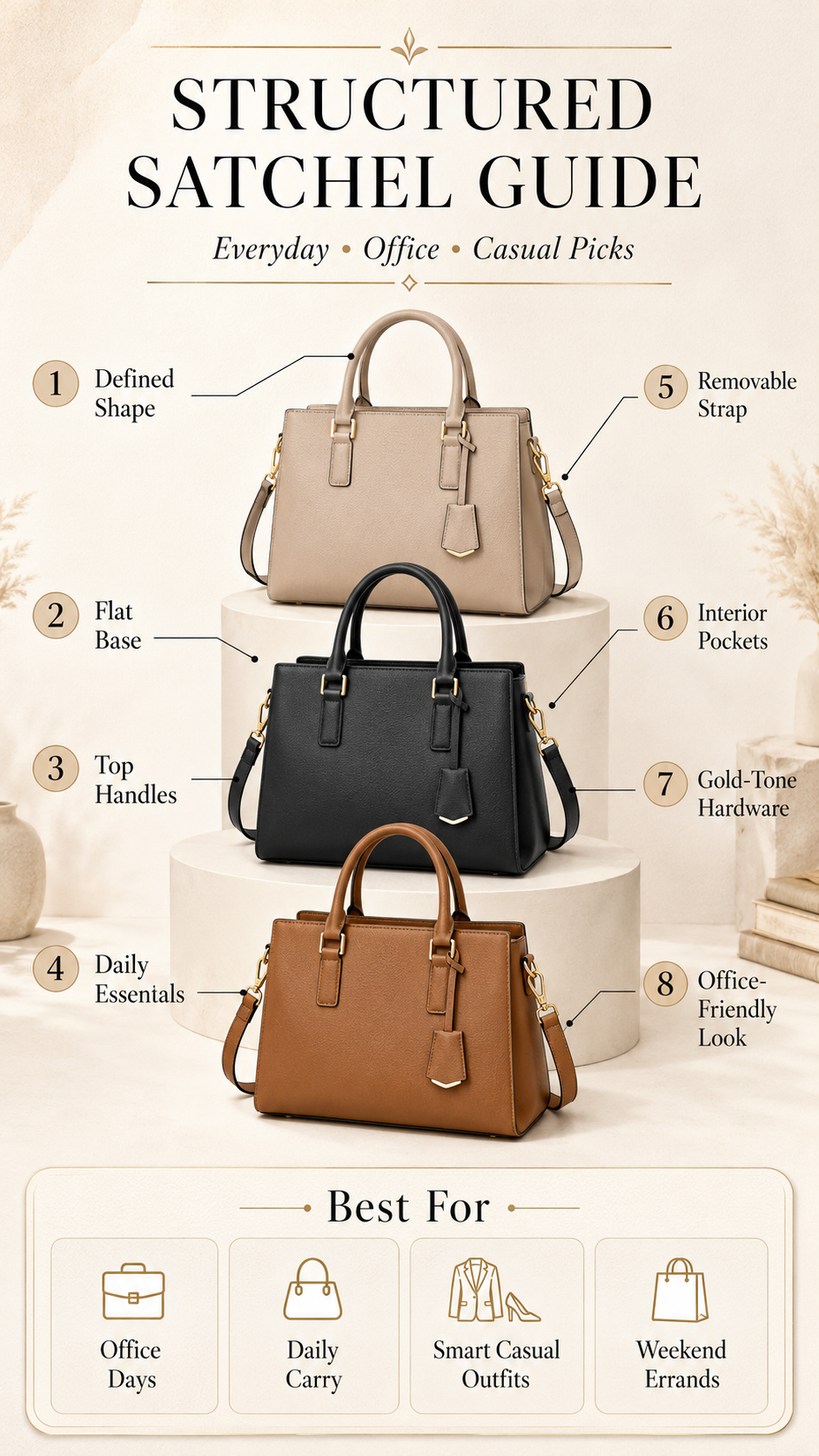 Structured satchel bags for women infographic with buying guide labels for everyday office and casual use