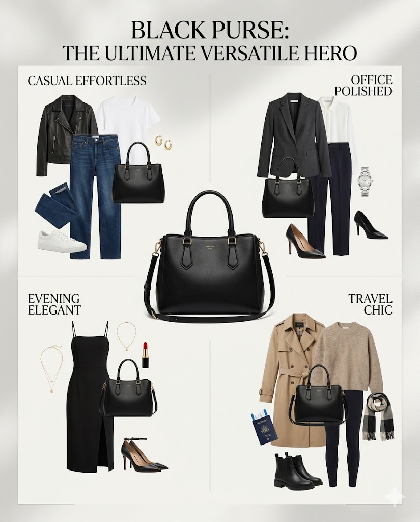Black purse outfit versatility guide showing casual office evening and travel outfit styling ideas