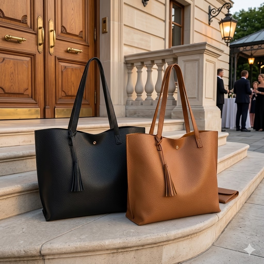 Black purse vs brown purse in an outdoor evening fashion setting