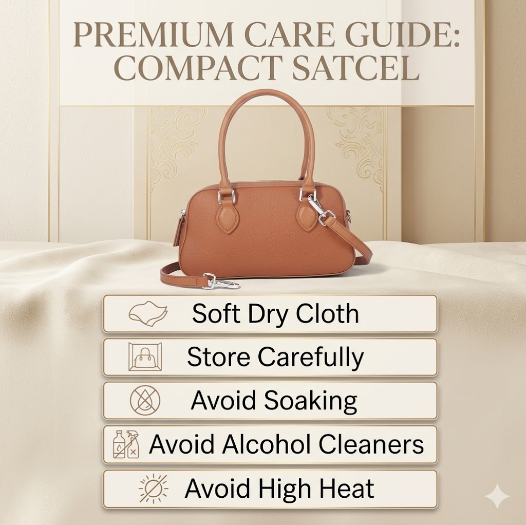 Blofinche Small Satchel Care Guide Care guide for Blofinche small satchel showing soft cloth storage and cleaning cautions