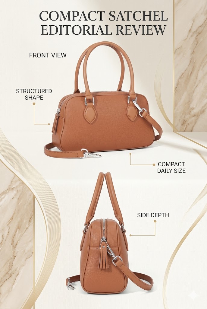 Blofinche Small Satchel Front and Side View Front and side view of the Blofinche small satchel showing its compact rectangular shape and side depth