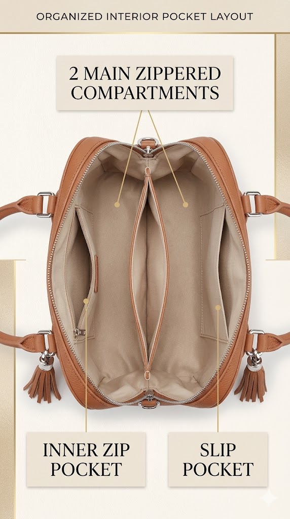 Blofinche Small Satchel Pocket Layout Pocket layout of the Blofinche small satchel showing two main zip compartments inner zip pocket and slip pocket