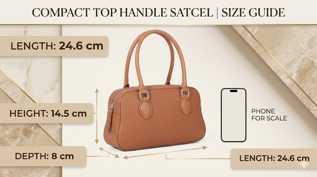 Blofinche Small Satchel Size Guide Size guide for Blofinche small satchel showing 24.6 cm length 8 cm depth and 14.5 cm height