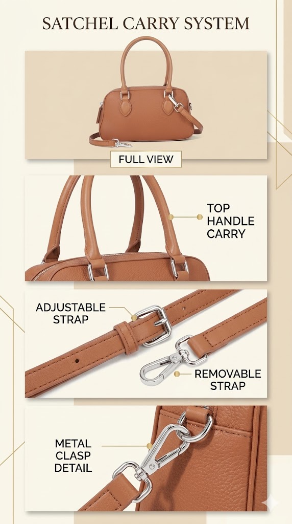 Blofinche Small Satchel Strap Details Strap and handle details of the Blofinche small satchel showing top handles adjustable strap and metal clasps