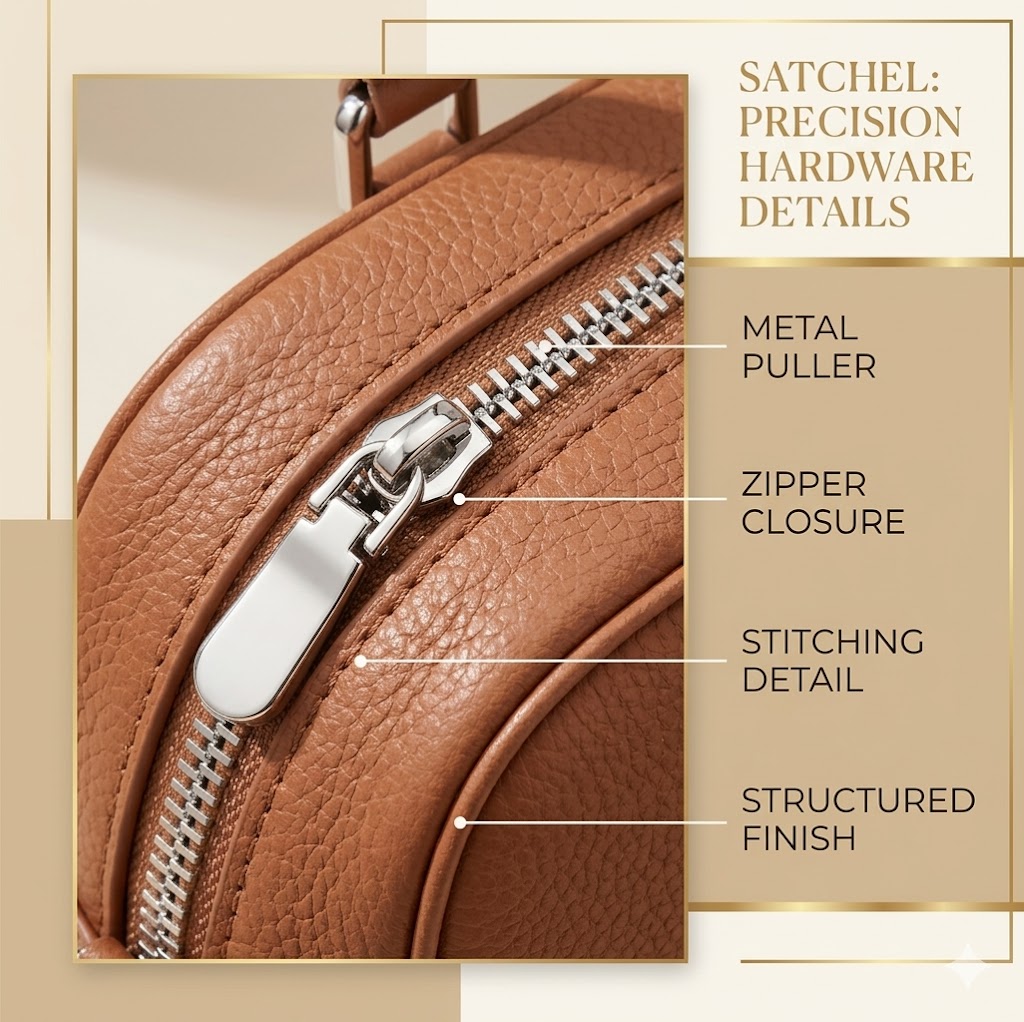 Blofinche Small Satchel Zipper Closeup Close-up of the Blofinche small satchel zipper closure stitching and hardware details