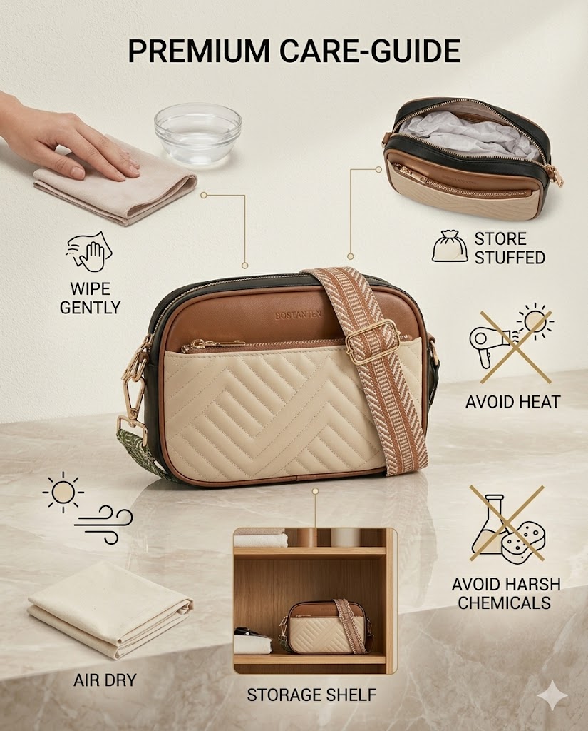 Care Guide Care guide for BOSTANTEN quilted crossbody bag showing soft cloth cleaning and safe storage method
