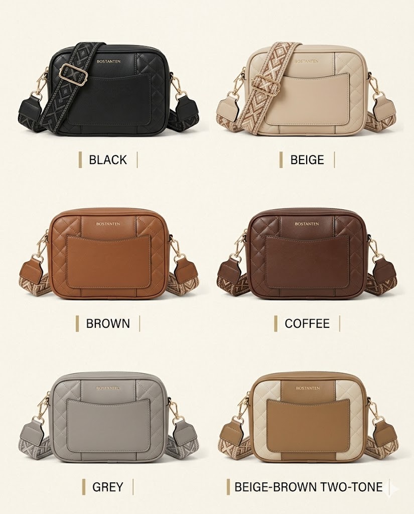 Color Options BOSTANTEN quilted crossbody bag color options showing black beige brown grey and neutral shades