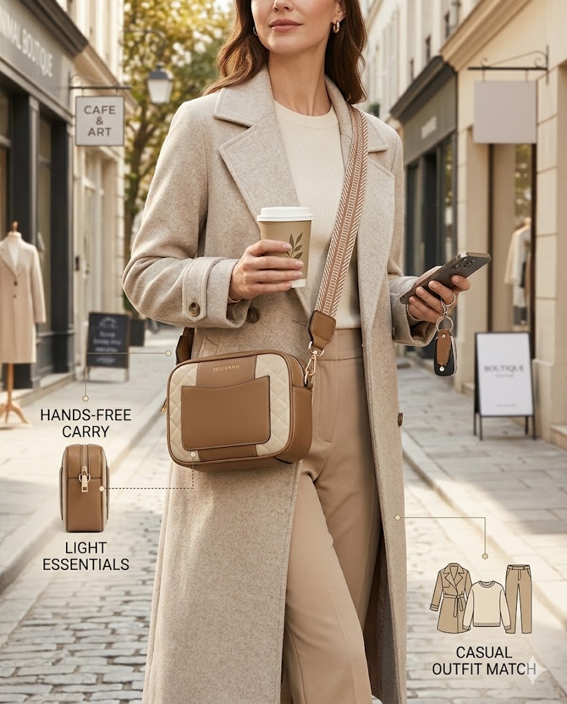 Customer Use View BOSTANTEN quilted crossbody bag styled for everyday use with casual outfit and compact carry items