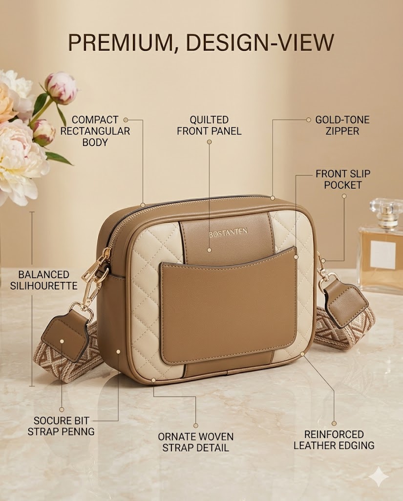 Design View BOSTANTEN quilted crossbody bag design view showing compact shape quilted finish and strap connection