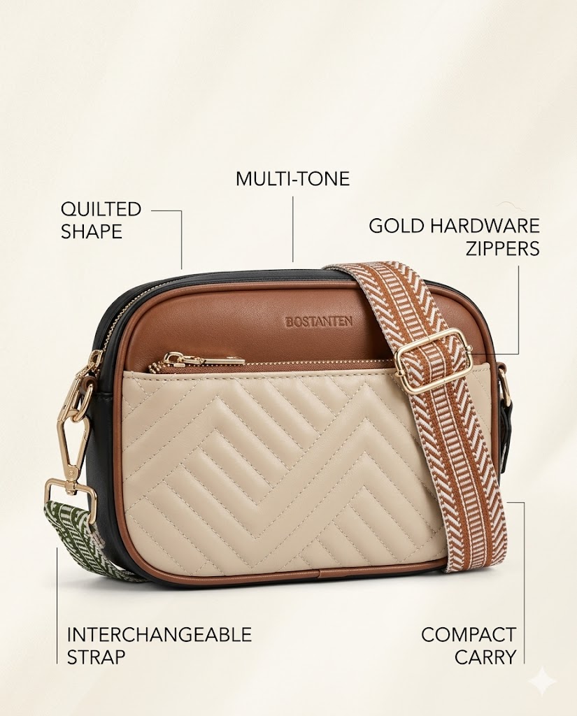 BOSTANTEN Quilted Crossbody Bag BOSTANTEN quilted crossbody bag shown as a compact everyday purse with quilted body and adjustable strap