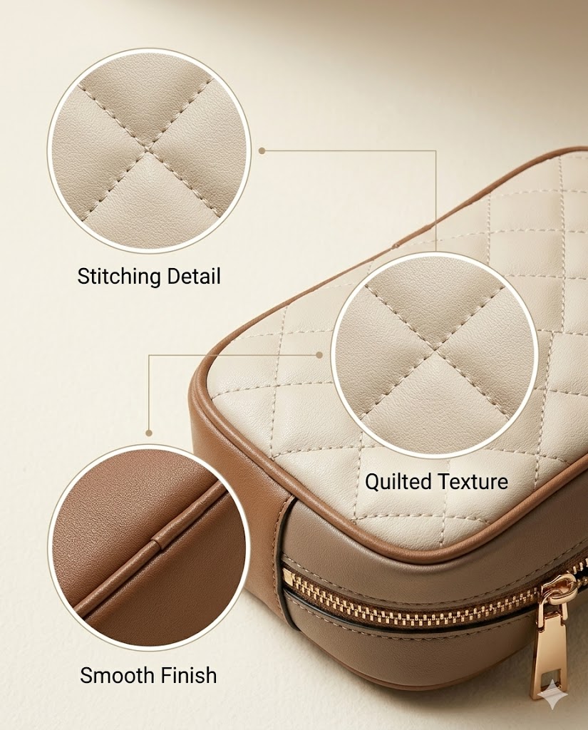 Material Close-Up Close-up of BOSTANTEN quilted crossbody bag material showing vegan leather texture and stitched quilted panels