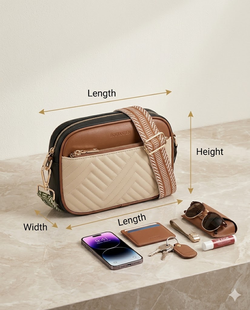 BOSTANTEN Size Guide BOSTANTEN quilted crossbody bag size guide showing compact and medium daily carry comparison