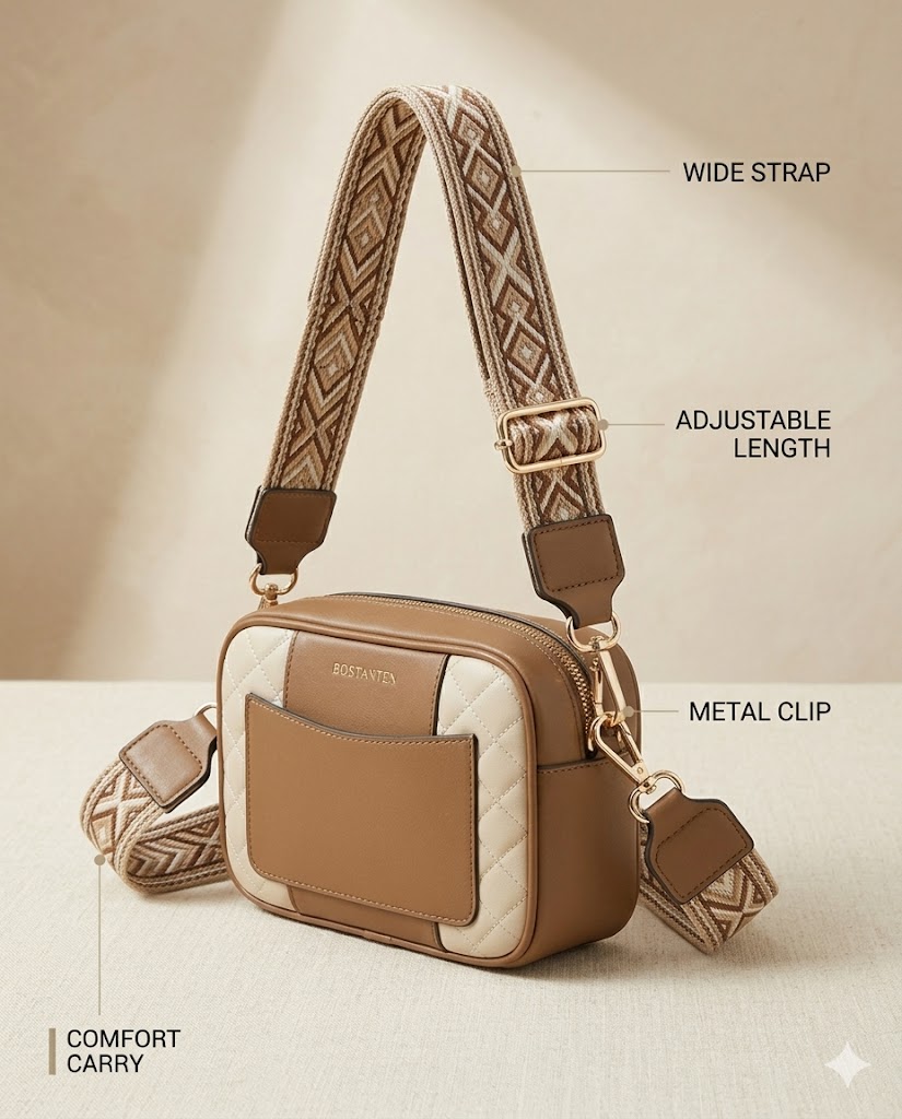 Strap Details BOSTANTEN quilted crossbody bag strap details showing wide adjustable strap and metal clip connection