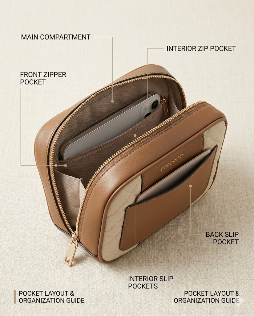 Zipper and Pocket Layout BOSTANTEN quilted crossbody bag zipper and pocket layout showing main closure front pocket and interior storage areas