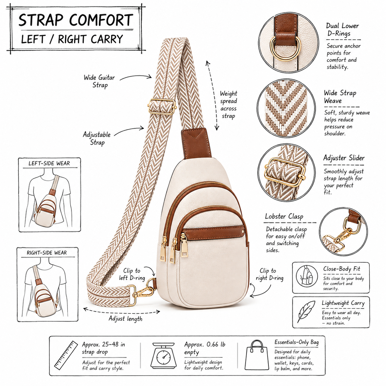 BOSTANTEN Sling Bag Comfort Strap BOSTANTEN sling bag wide guitar strap and dual D ring comfort details