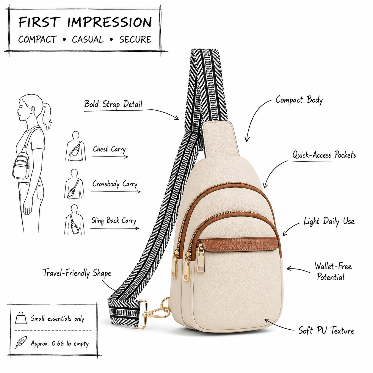 BOSTANTEN Sling Bag First Impression BOSTANTEN beige sling bag first impression with patterned strap and compact shape
