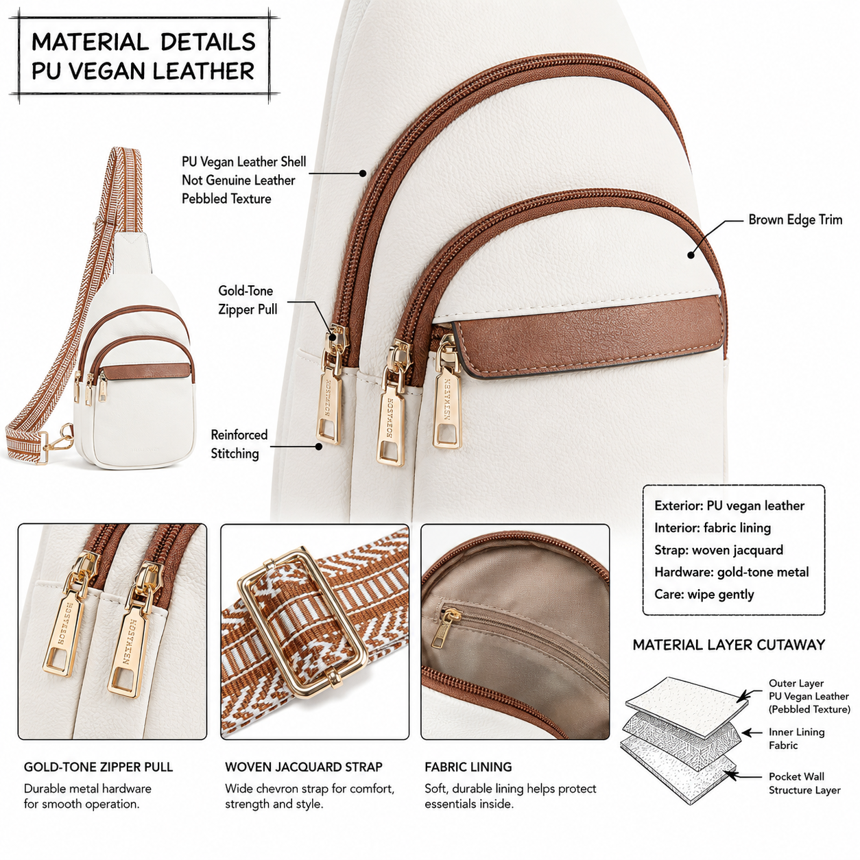 BOSTANTEN Sling Bag Material Details BOSTANTEN sling bag PU vegan leather material and gold tone hardware details