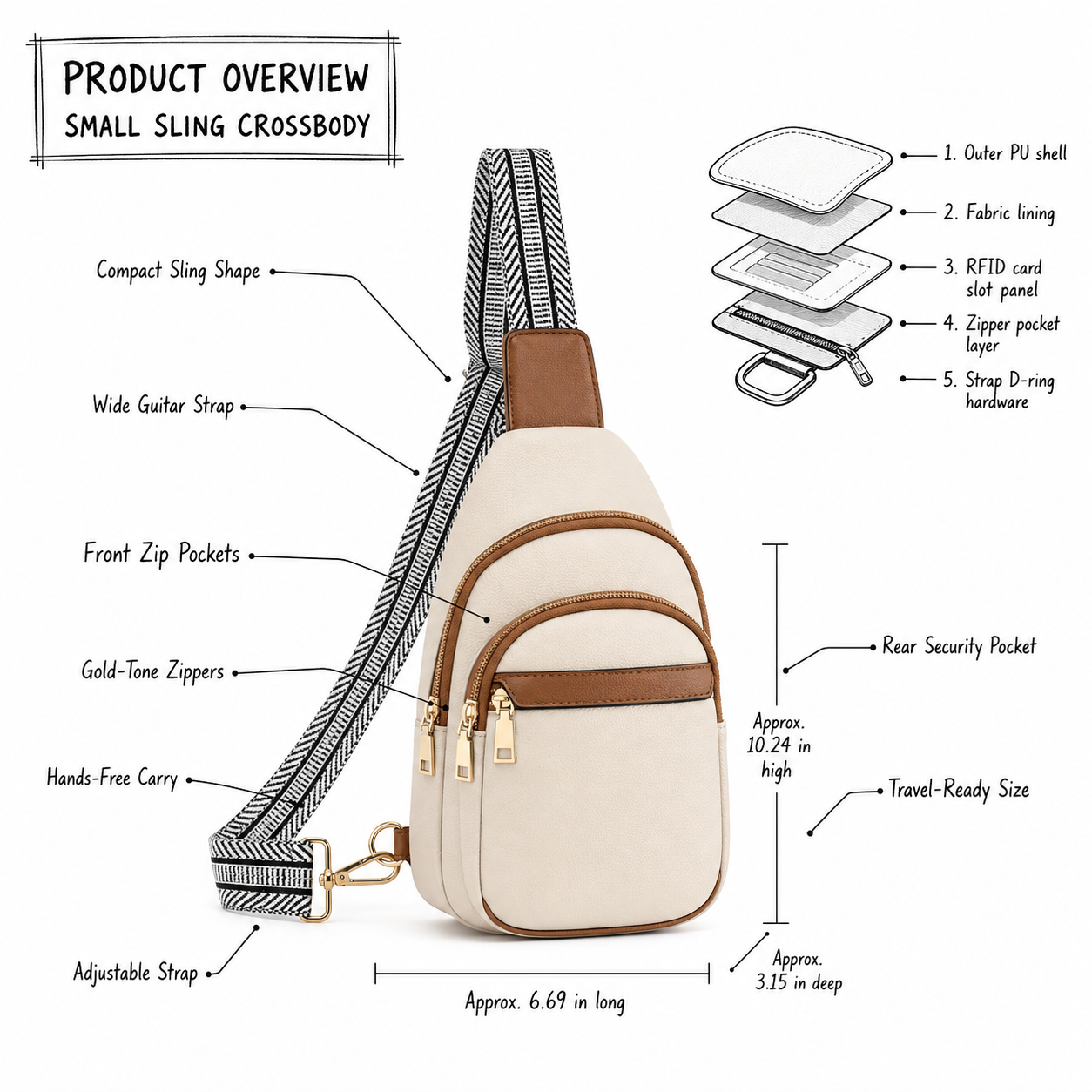 BOSTANTEN Sling Bag Overview BOSTANTEN small sling bag product overview with strap and pocket layout