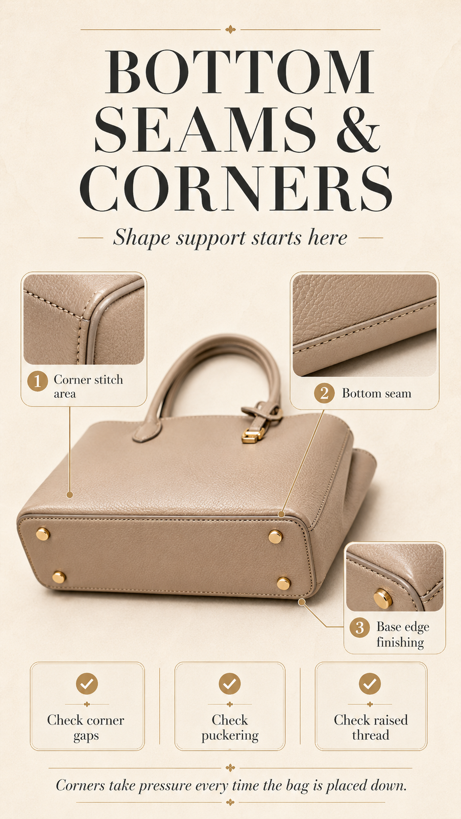 Premium infographic showing bottom corner stitching and base seam inspection on structured women’s tote bag