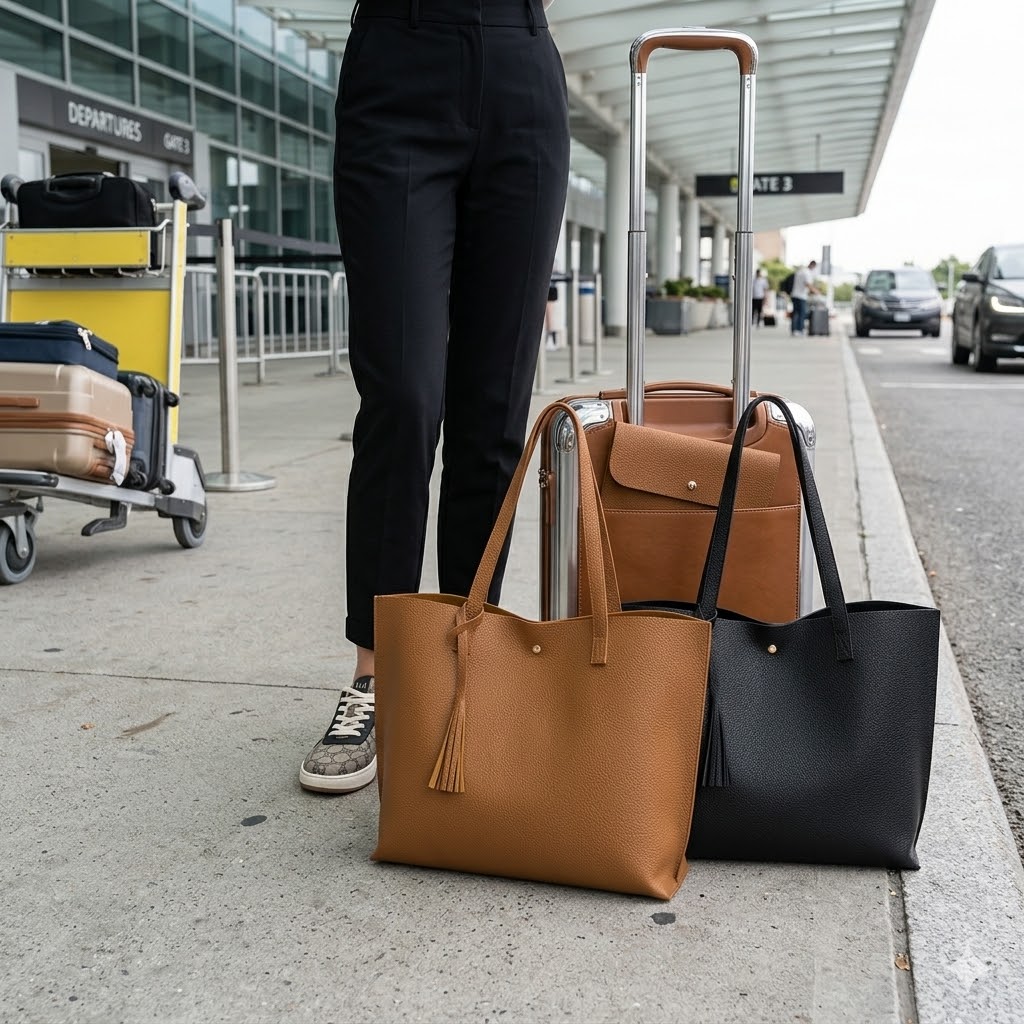 Brown purse vs black purse in an outdoor airport setting
