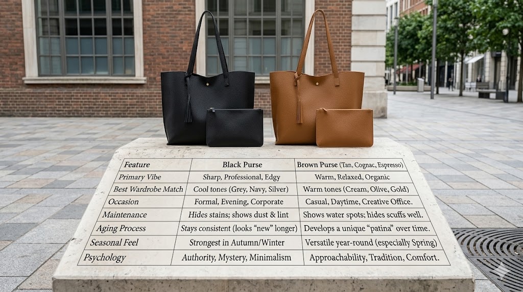 Brown purse vs black purse comparison chart