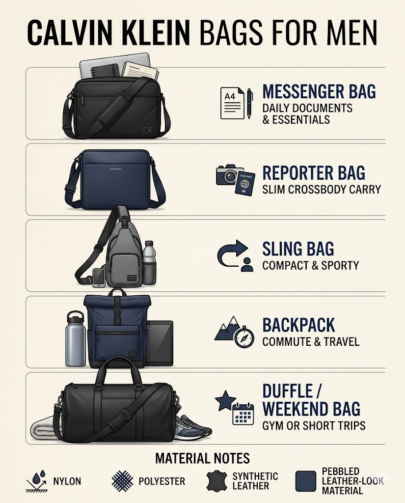 Calvin Klein bags for men guide showing messenger bag reporter bag sling bag backpack and duffle bag styles