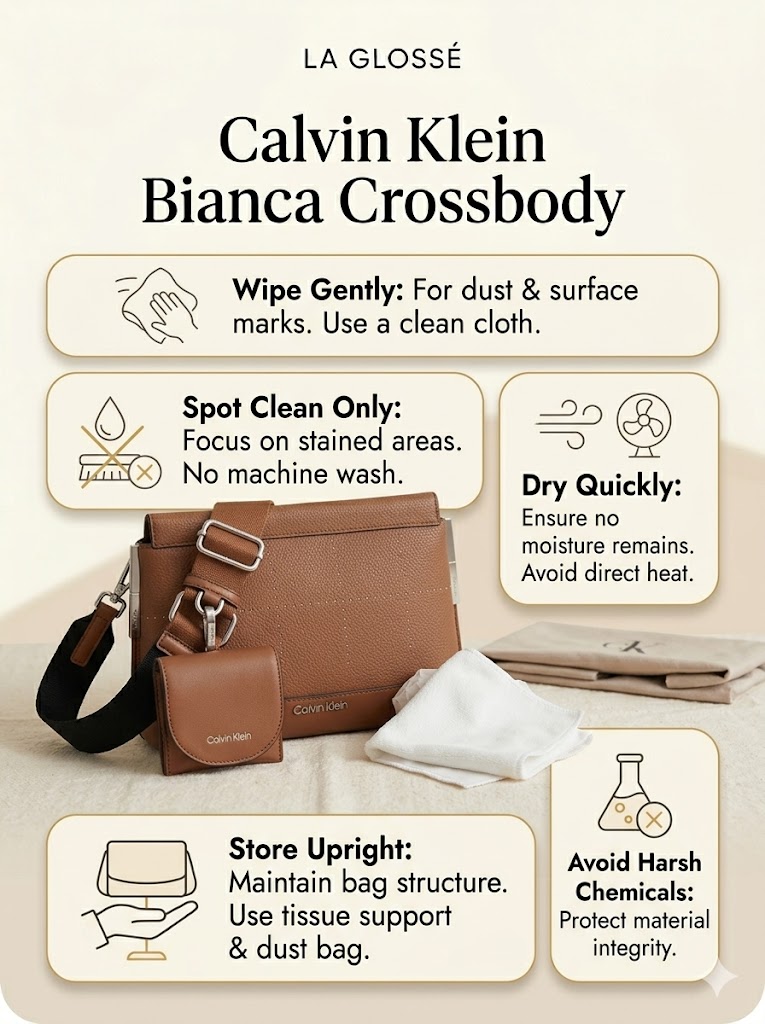 Calvin Klein Bianca Crossbody care guide showing soft cloth cleaning and upright storage