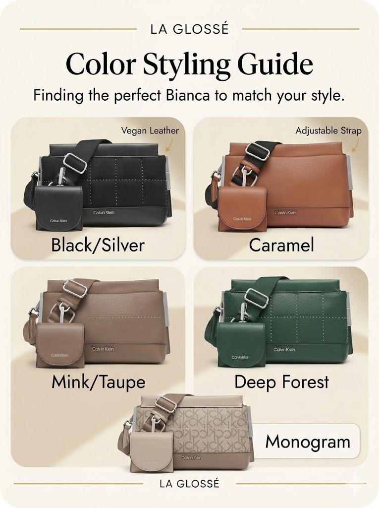 Calvin Klein Bianca Crossbody color options including black caramel mink deep forest and monogram finishes