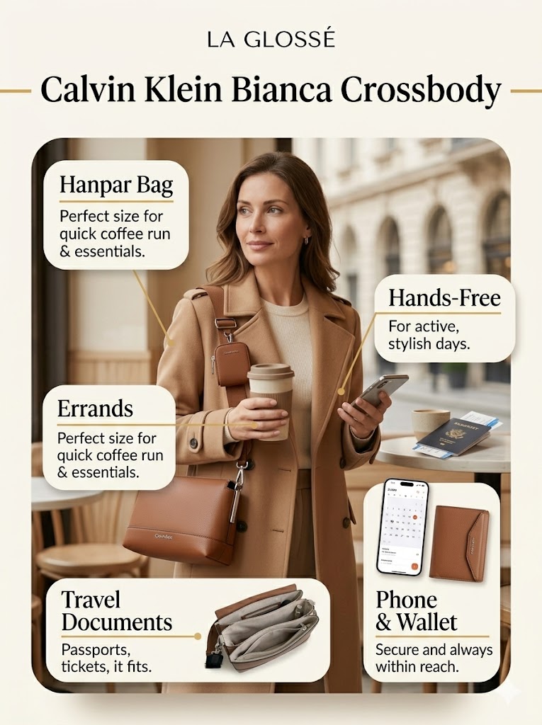 Calvin Klein Bianca Crossbody worn for daily errands with phone wallet and small essentials
