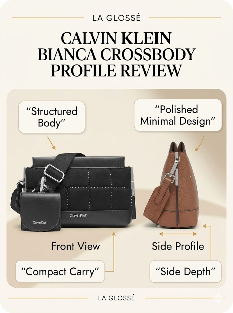 Calvin Klein Bianca Crossbody front and side view showing structured profile and slim depth