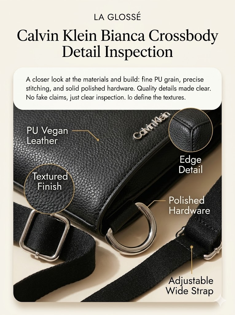 Close-up of Calvin Klein Bianca Crossbody synthetic leather texture and edge finishing