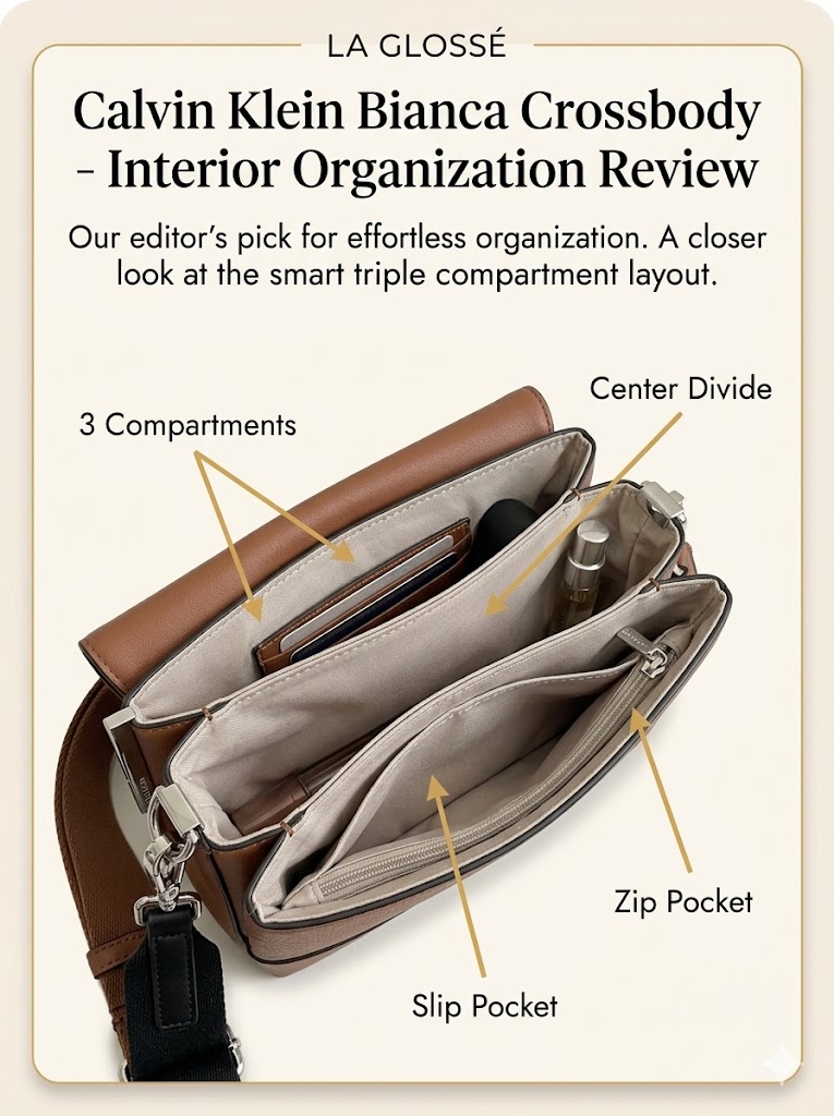 Calvin Klein Bianca Crossbody interior pocket layout showing triple compartments slip pocket zip pocket and center divide