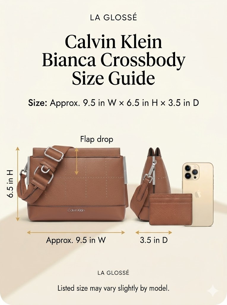 Calvin Klein Bianca Crossbody size guide showing listed 9.5 inch width 6.5 inch height and 3.5 inch depth