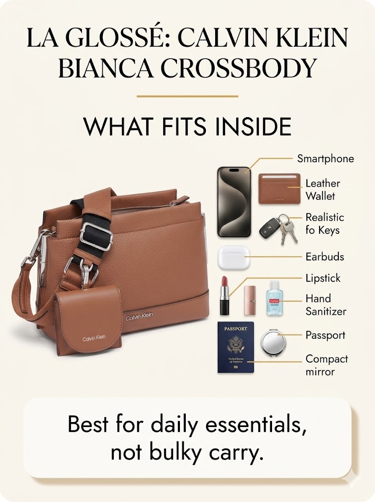 What fits inside Calvin Klein Bianca Crossbody including phone slim wallet keys earbuds lipstick and passport