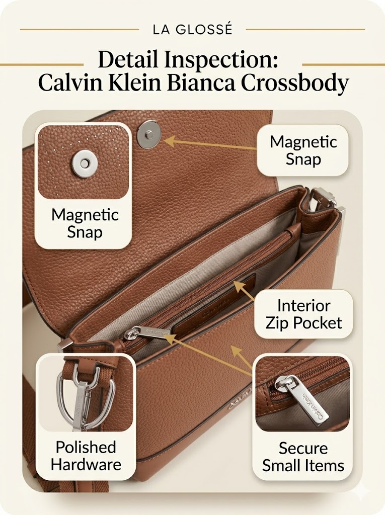 Calvin Klein Bianca Crossbody zipper snap closure and polished hardware close-up