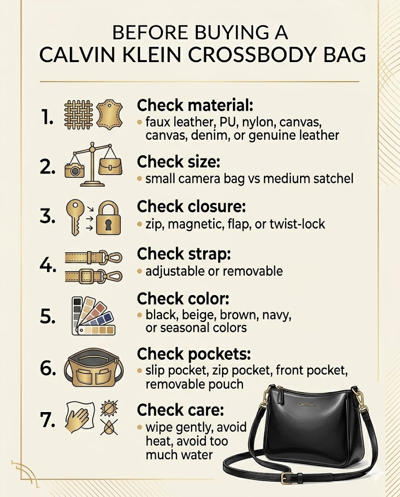 Calvin Klein crossbody bag buying checklist for material size closure strap color pockets and care