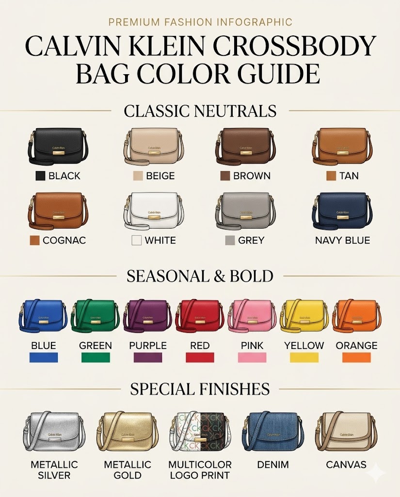 Calvin Klein crossbody bag color guide with black beige brown white grey navy seasonal colors metallic finishes canvas and denim