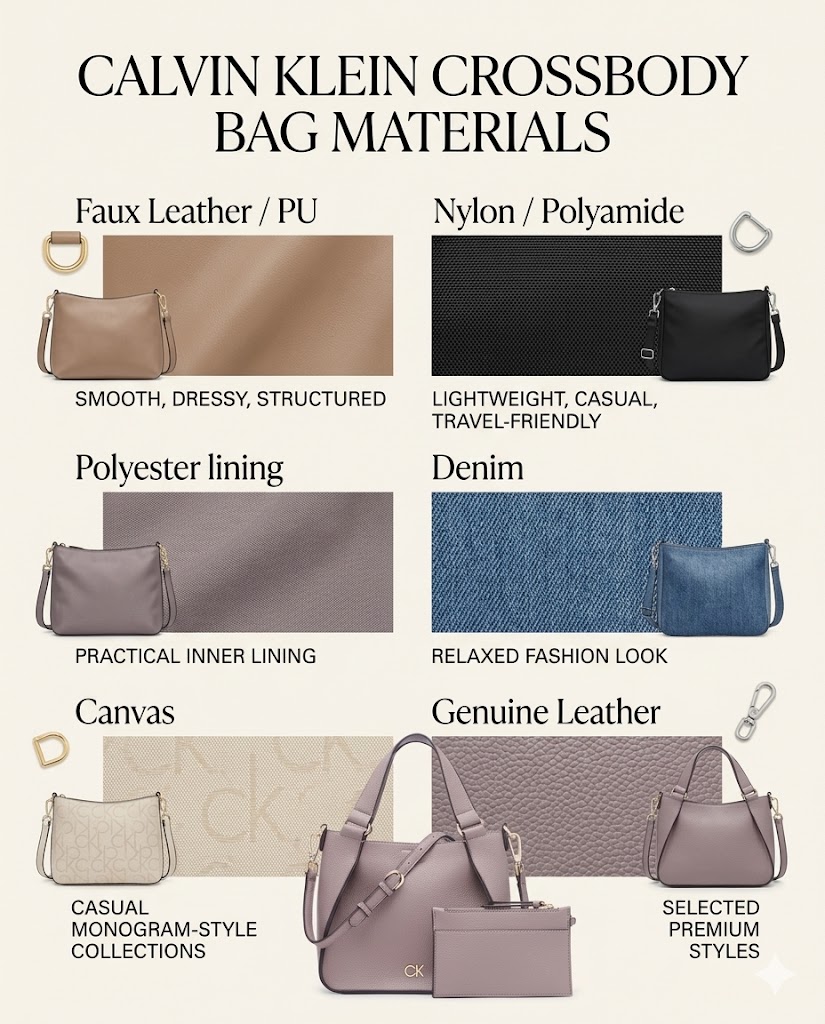 Calvin Klein crossbody bag materials comparison including faux leather nylon polyester lining canvas denim and genuine leather