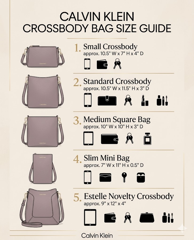Calvin Klein crossbody bag size guide with small standard medium slim and satchel bag measurements