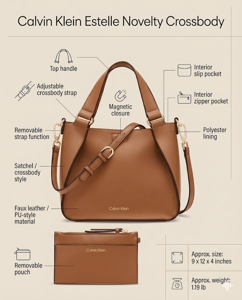 Calvin Klein Estelle Novelty Crossbody details showing satchel shape top handle adjustable strap magnetic closure pockets and size