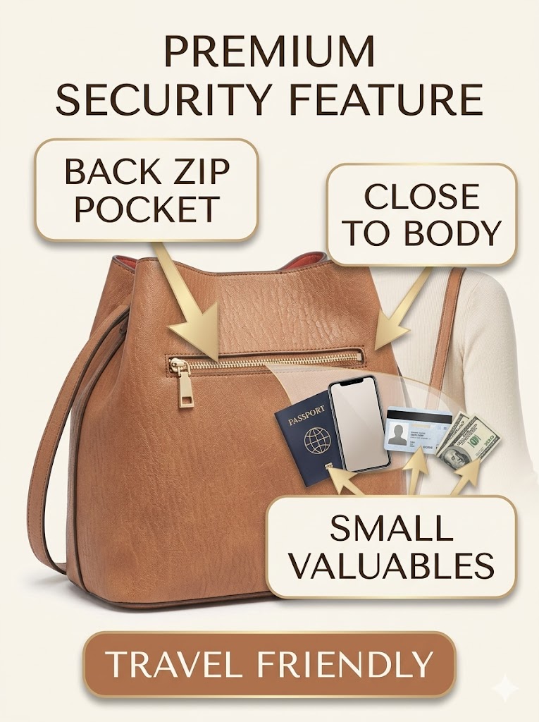 Back zipper pocket on the Calvin Klein Gabrianna Bucket Bag for secure small essentials