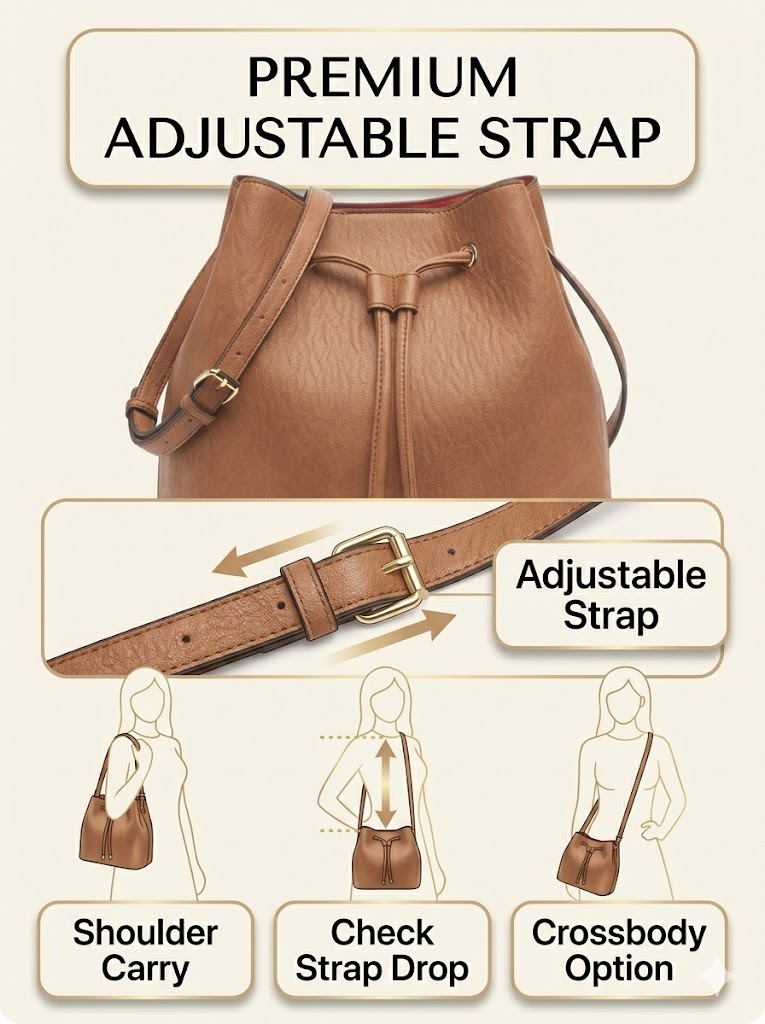 Adjustable strap detail on the Calvin Klein Gabrianna Bucket Shoulder Bag
