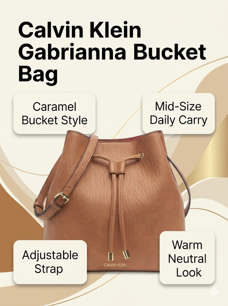 Front view of the Calvin Klein Gabrianna Novelty Bucket Shoulder Bag in Caramel