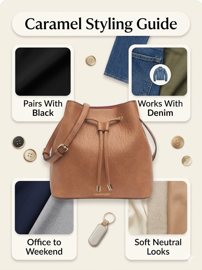 Caramel outfit styling guide for the Calvin Klein Gabrianna Bucket Bag