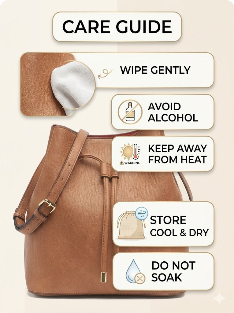 Care guide for keeping the Calvin Klein Gabrianna Bucket Bag caramel color looking clean