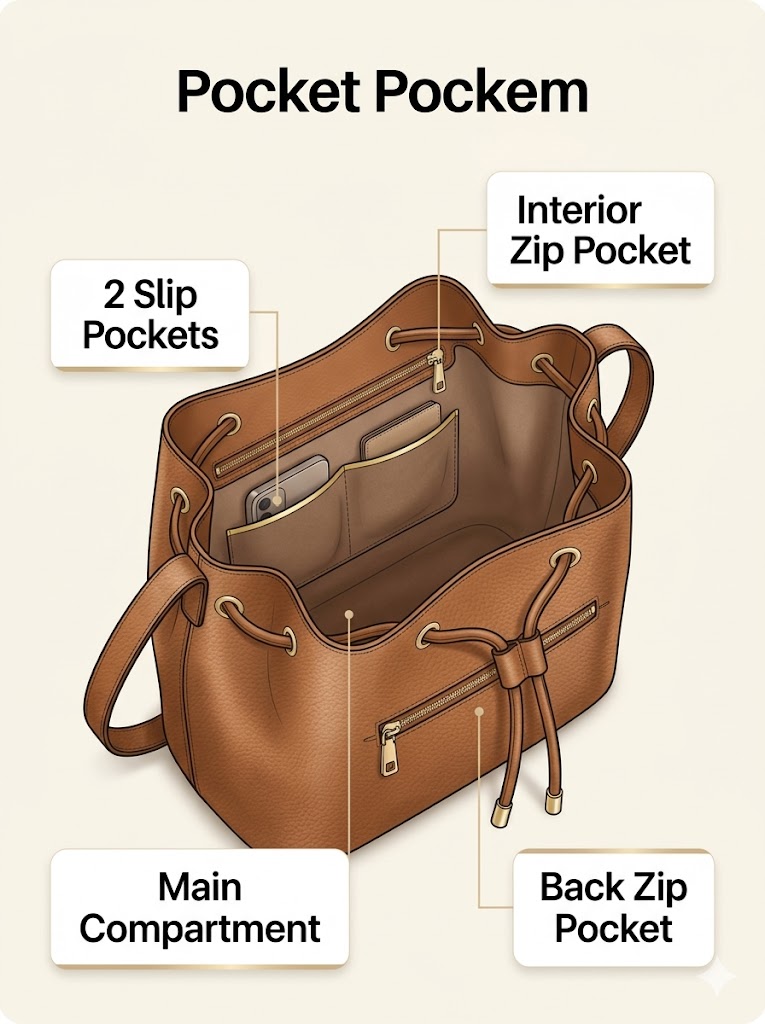 Pocket layout of the Calvin Klein Gabrianna Bucket Bag showing slip pockets and zipper storage